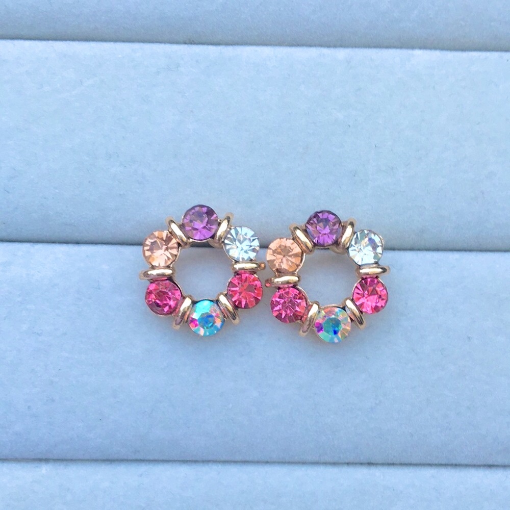 Rose, Champagne, Amethyst + Aurora Borealis Gold Circle Crystal Earrings - Picture 1 of 5